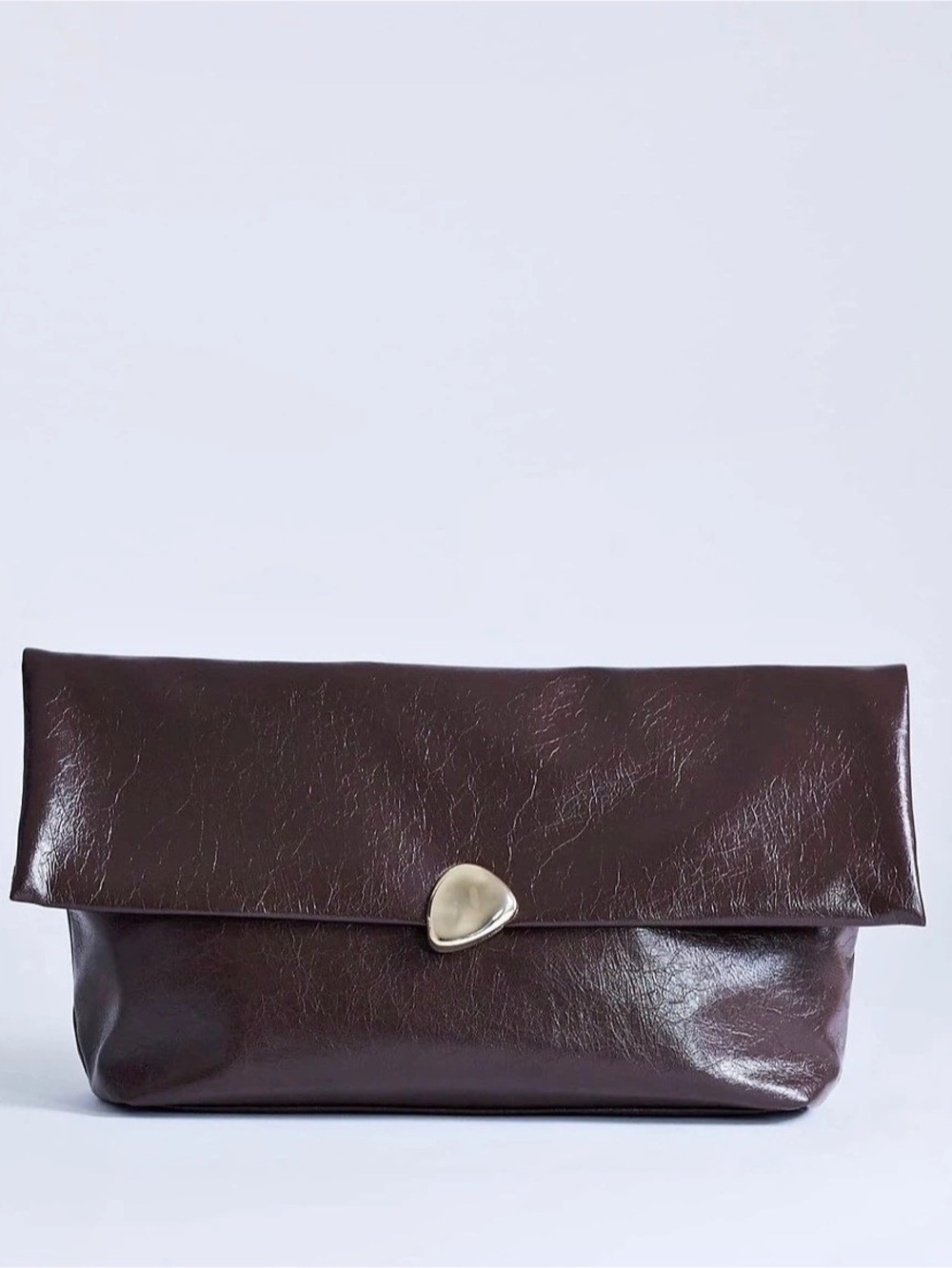Topshop Gaia Large Chocolate Brown Foldover Clutch Bag Gold Hardware